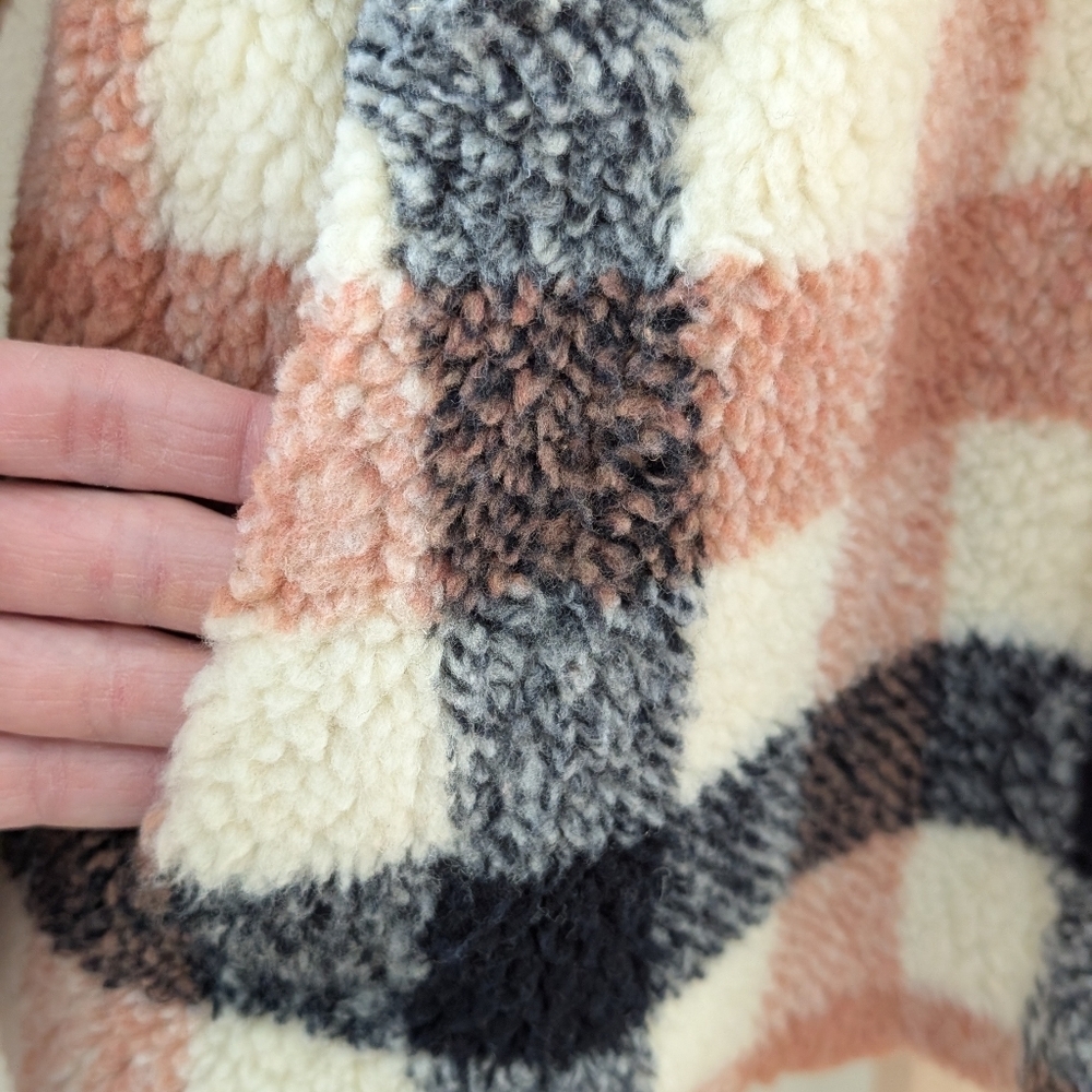 Madewell Hazlewood Faux Fur Plaid Sherpa Jacket In Black/Coral/Ivory - M - Picture 8 of 13